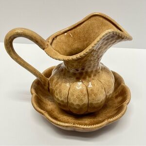 Handmade Vintage 1980 Tan Ceramic Pitcher and Saucer Set